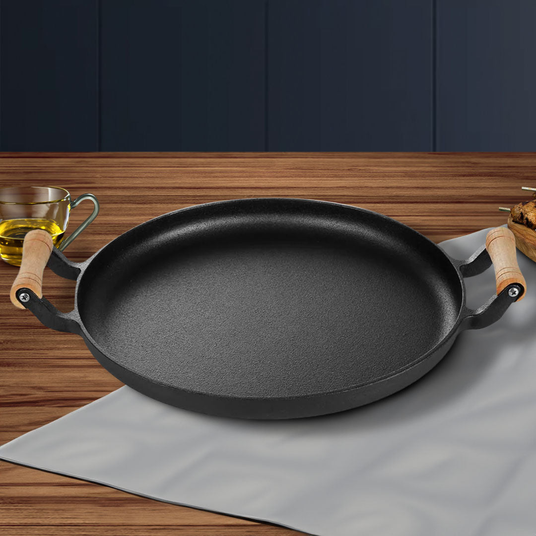 SOGA 31cm Cast Iron Frying Pan Skillet Steak Sizzle Fry Platter With Wooden Handle No Lid - Cafe Supply