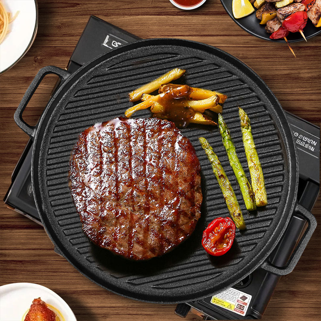 SOGA 2X 30cm Round Cast Iron Ribbed BBQ Pan Skillet Steak Sizzle Platter with Handle - Cafe Supply