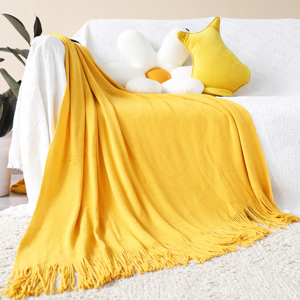 SOGA Yellow Acrylic Knitted Throw Blanket Solid Fringed Warm Cozy Woven Cover Couch Bed Sofa Home Decor - Cafe Supply