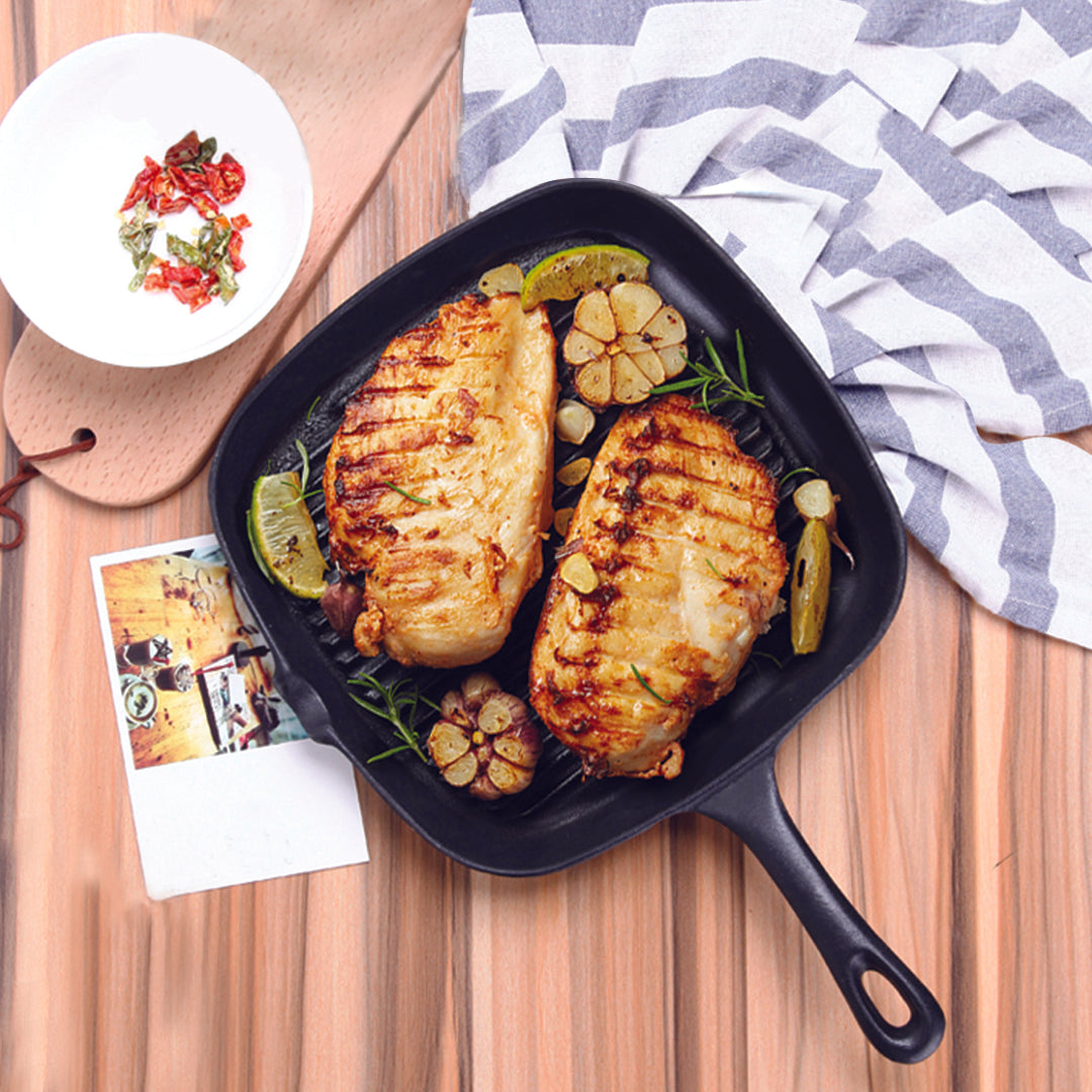 SOGA 2X 23.5cm Square Ribbed Cast Iron Frying Pan Skillet Steak Sizzle Platter with Handle - Cafe Supply