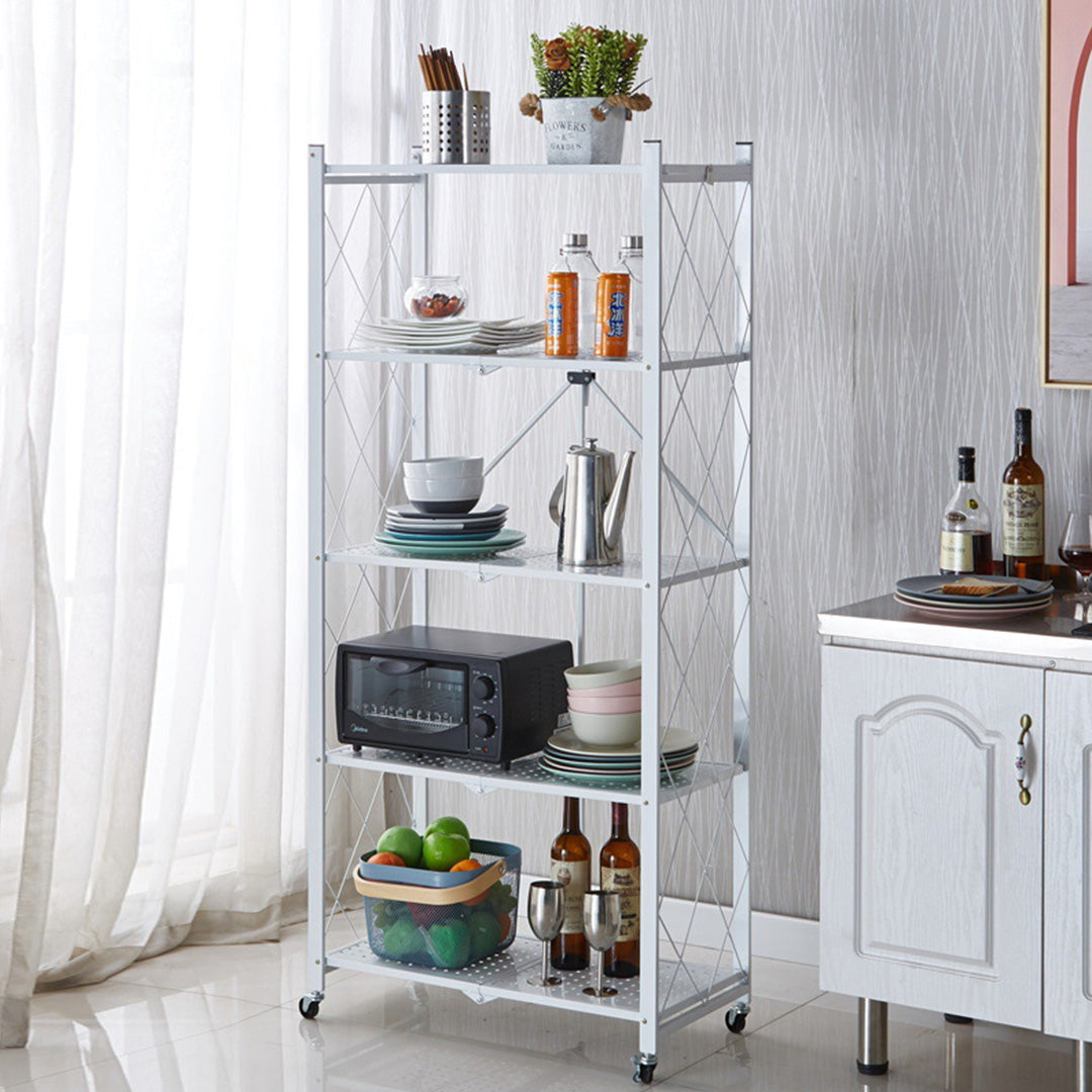 SOGA 5 Tier Steel White Foldable Kitchen Cart Multi-Functional Shelves Portable Storage Organizer with Wheels - Cafe Supply