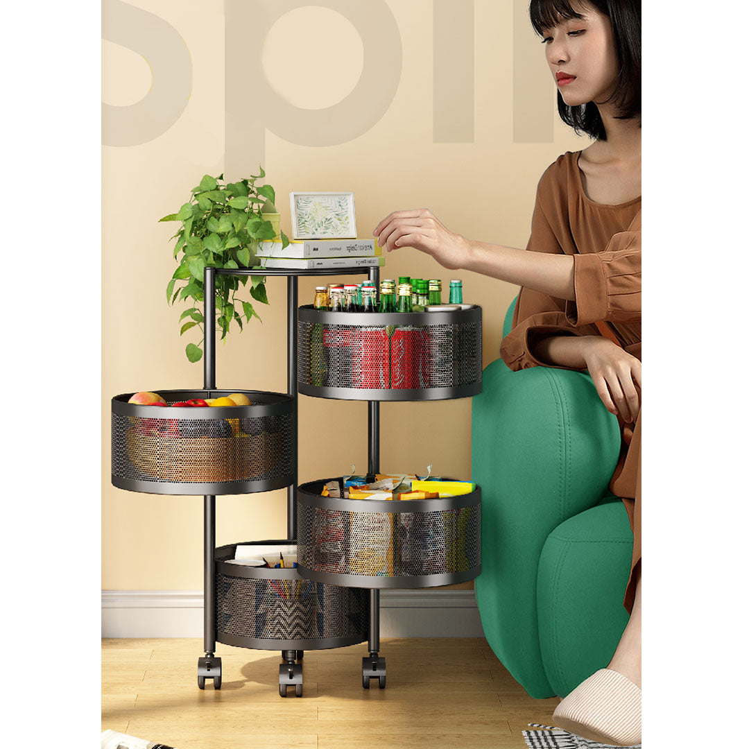 SOGA 4 Tier Steel Round Rotating Kitchen Cart Multi-Functional Shelves Portable Storage Organizer with Wheels - Cafe Supply