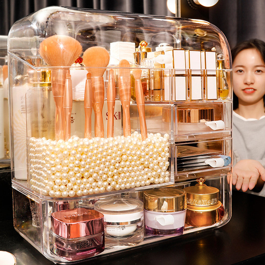 SOGA Transparent Cosmetic Storage Box Clear Makeup Skincare Holder with Lid Drawers Waterproof Dustproof Organiser with Pearls - Cafe Supply