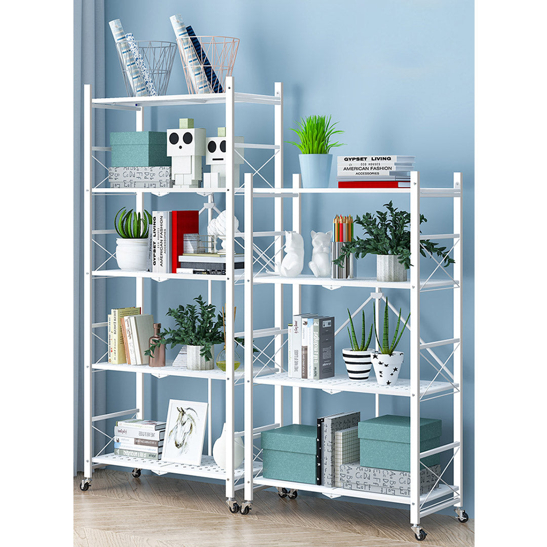 SOGA 2X 4 Tier Steel White Foldable Display Stand Multi-Functional Shelves Portable Storage Organizer with Wheels - Cafe Supply