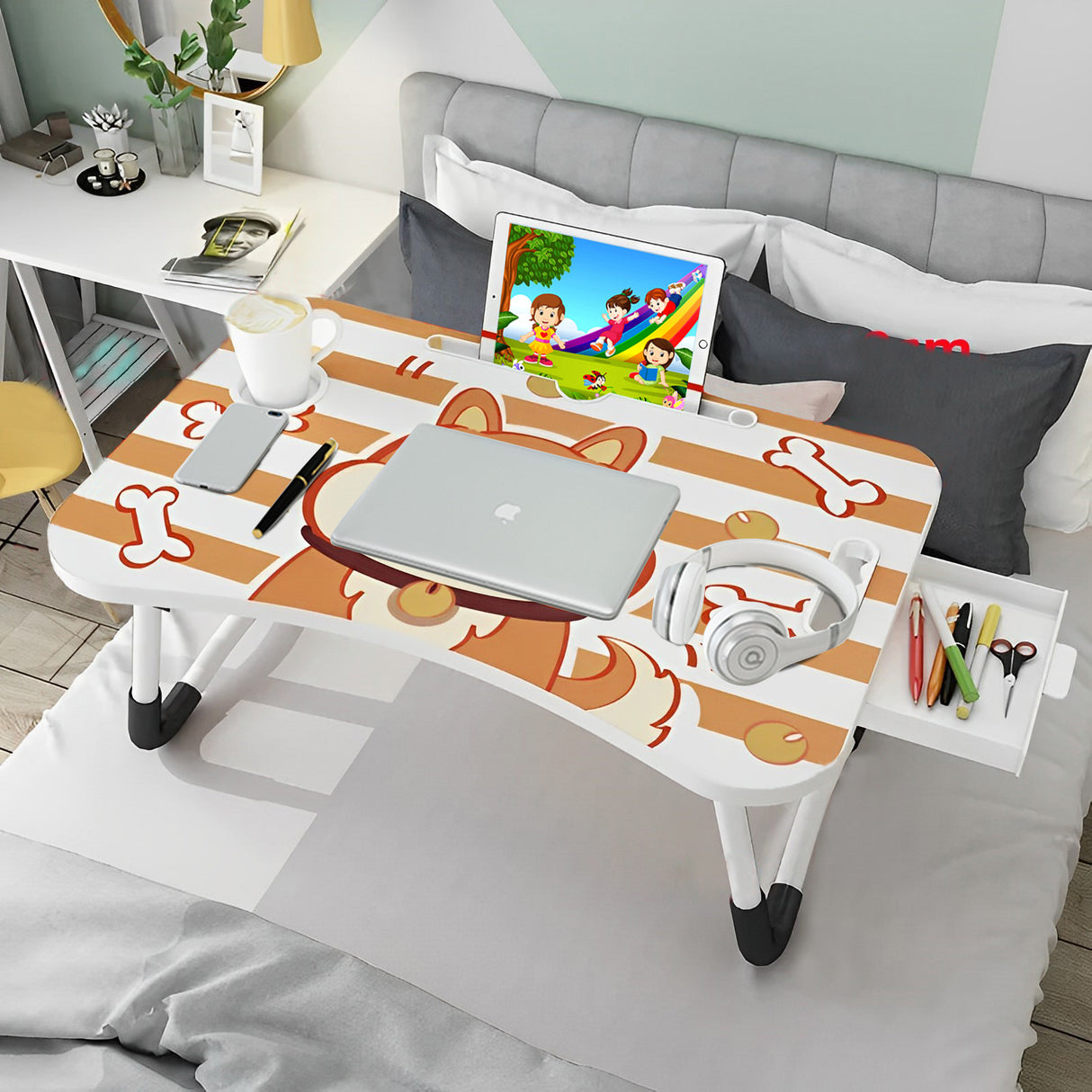 SOGA 2X Cute Dog Design Portable Bed Table Adjustable Foldable Bed Sofa Study Table Laptop Mini Desk with Drawer and Cup Slot Home Decor - Cafe Supply