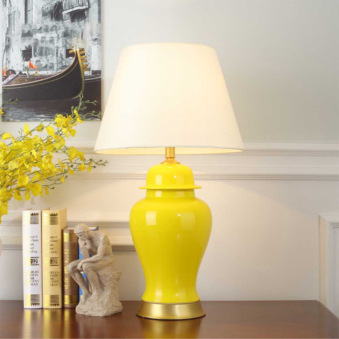 SOGA 2X Oval Ceramic Table Lamp with Gold Metal Base Desk Lamp Yellow - Cafe Supply