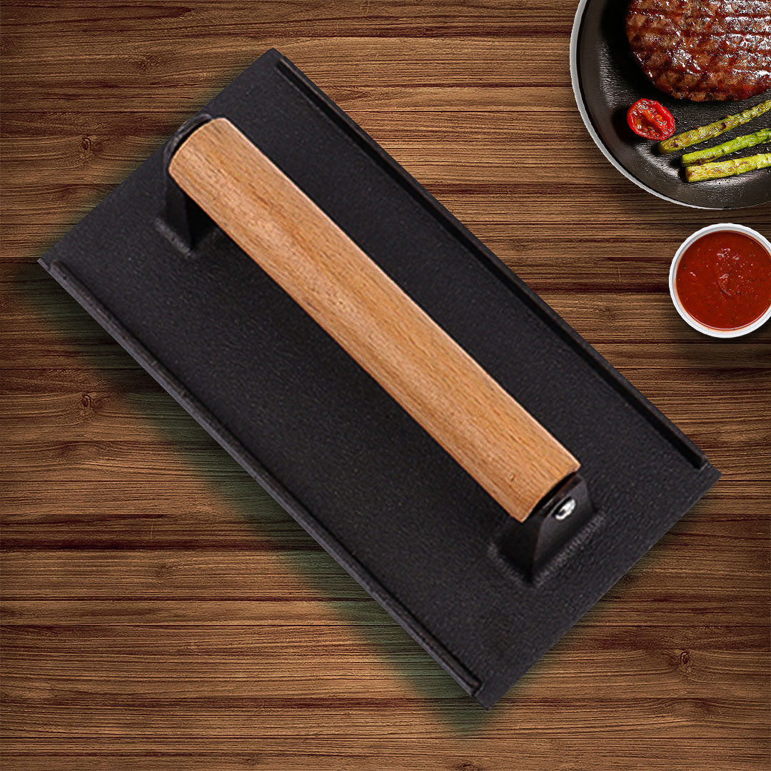 SOGA 2X Cast Iron Bacon Meat Steak Press Grill BBQ with Wood Handle Weight Plate - Cafe Supply