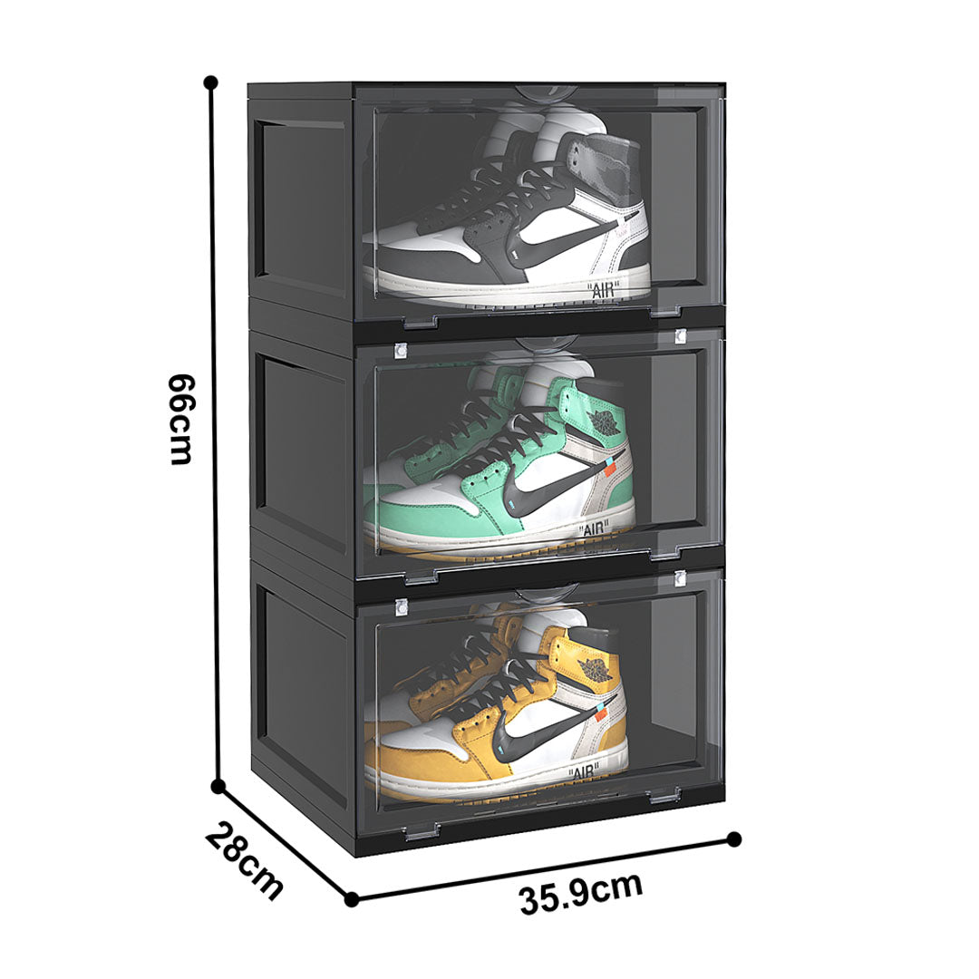 SOGA 2X 3 Tier Black Portable Shoe Organiser Sneaker Footwear Folding Plastic Bin Stackable Storage Box with Magnetic Door - Cafe Supply