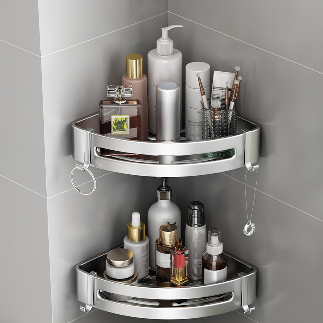 SOGA Silver Wall-Mounted Triangular Bathroom Storage Corner Vanity Organiser Space Saving Adhesive Shelf Rack with Hooks - Cafe Supply