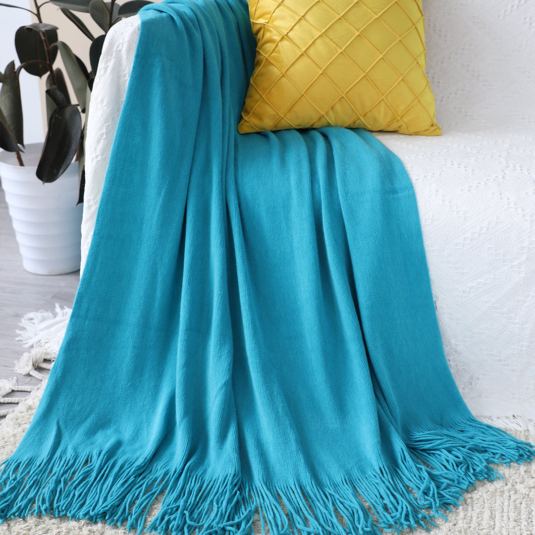 SOGA Blue Acrylic Knitted Throw Blanket Solid Fringed Warm Cozy Woven Cover Couch Bed Sofa Home Decor - Cafe Supply