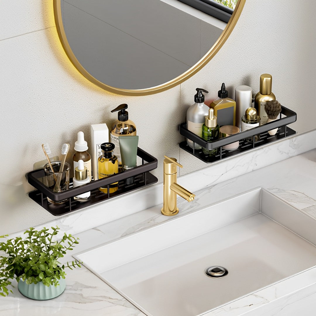 SOGA 2X Black Wall-Mounted Rectangular Bathroom Storage Organiser Space Saving Adhesive Shelf Rack - Cafe Supply