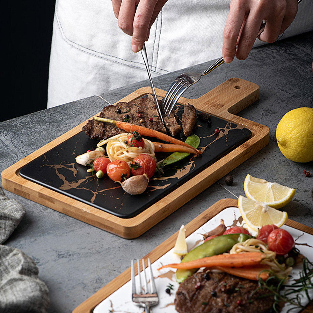 SOGA 2X 33.5cm Black Square Wooden Serving Tray Slate Steak Serving Platter Chopping Board Paddle Home Decor - Cafe Supply