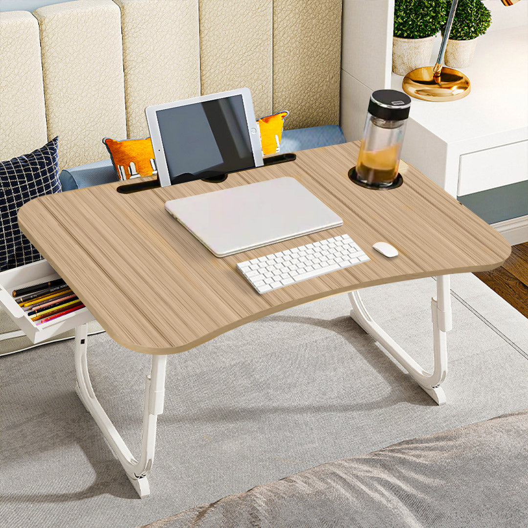 SOGA Oak Portable Bed Table Adjustable Folding Mini Desk Stand With Cup-Holder Home Decor - Cafe Supply