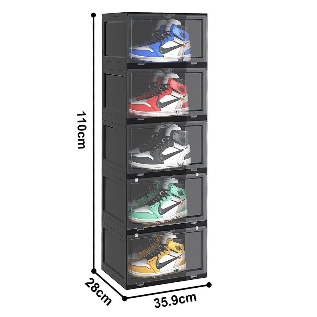 SOGA 2X 5 Tier Black Portable Shoe Organiser Sneaker Footwear Folding Plastic Bin Stackable Storage Box with Magnetic Door - Cafe Supply