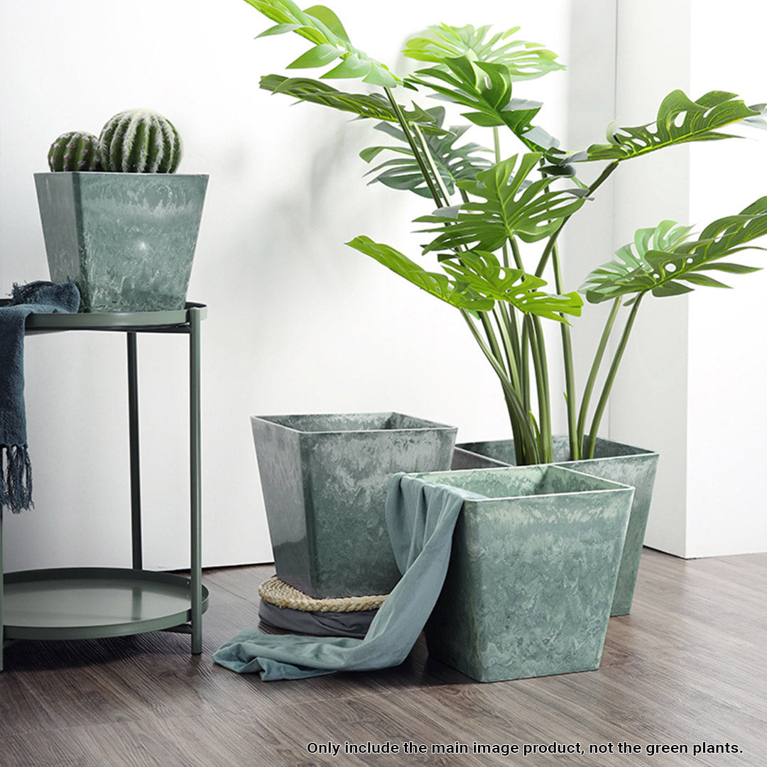 SOGA 2X 27cm Green Grey Square Resin Plant Flower Pot in Cement Pattern Planter Cachepot for Indoor Home Office - Cafe Supply