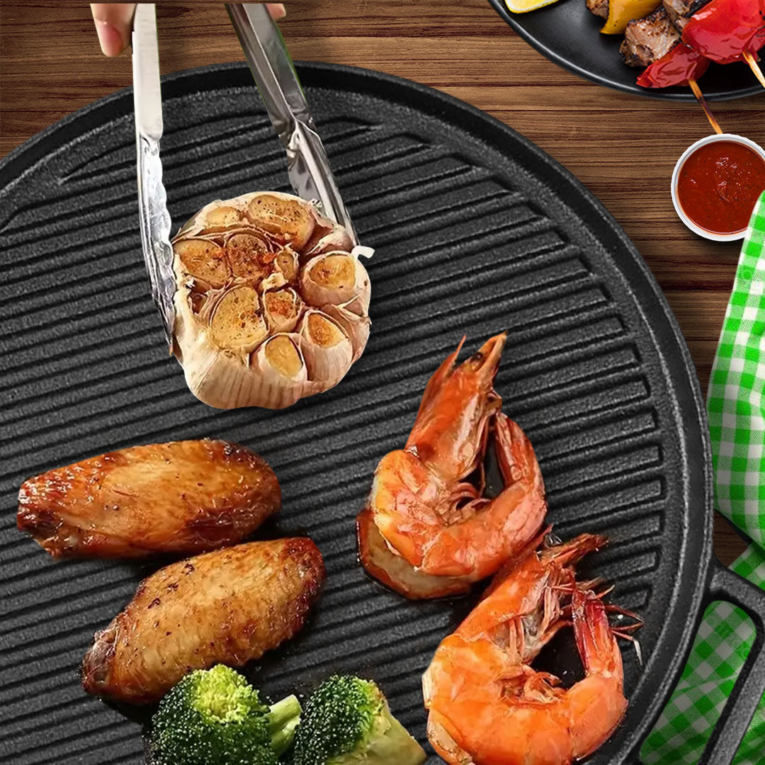 SOGA 2X 30cm Round Cast Iron Ribbed BBQ Pan Skillet Steak Sizzle Platter with Handle - Cafe Supply