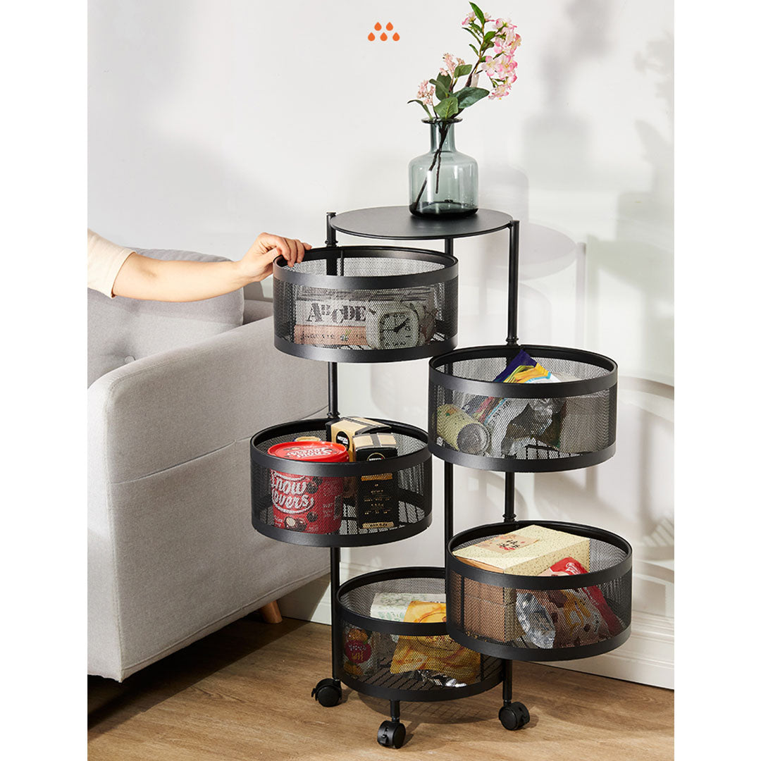 SOGA 5 Tier Steel Round Rotating Kitchen Cart Multi-Functional Shelves Portable Storage Organizer with Wheels - Cafe Supply