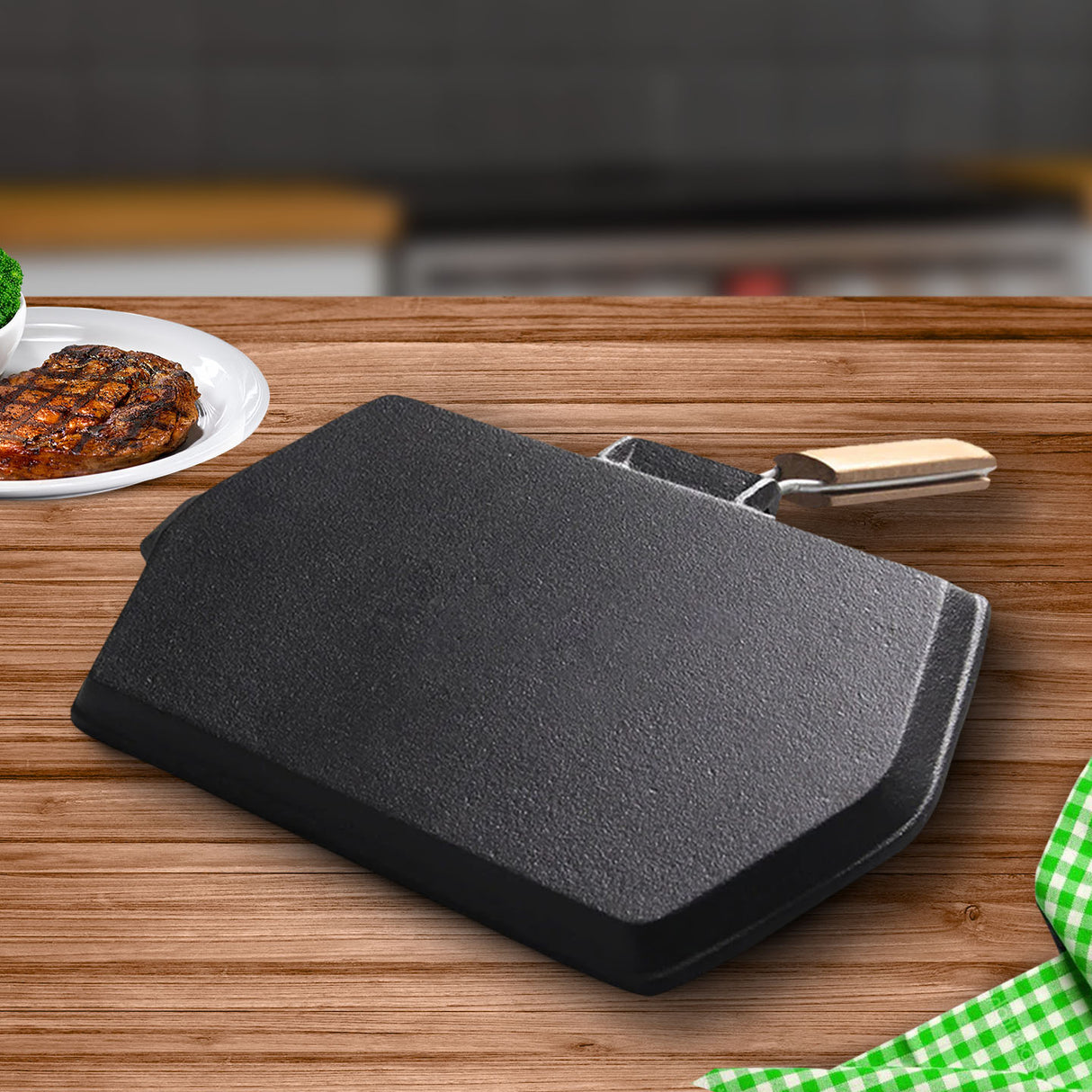 SOGA 2X Rectangular Cast Iron Griddle Grill Frying Pan with Folding Wooden Handle - Cafe Supply