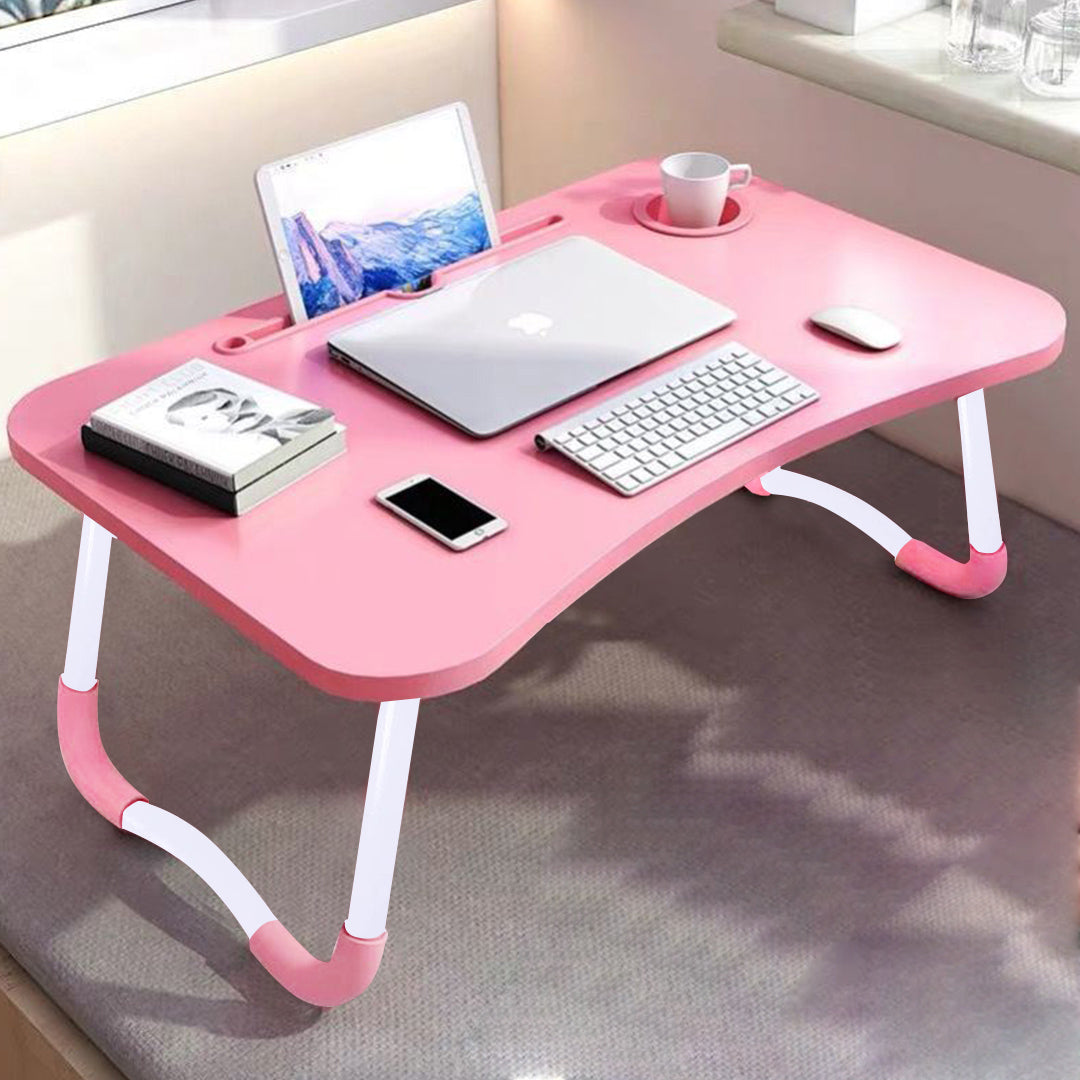 SOGA 2X Pink Portable Bed Table Adjustable Folding Mini Desk Notebook Stand Card Slot Holder with Cup-Holder Home Decor - Cafe Supply