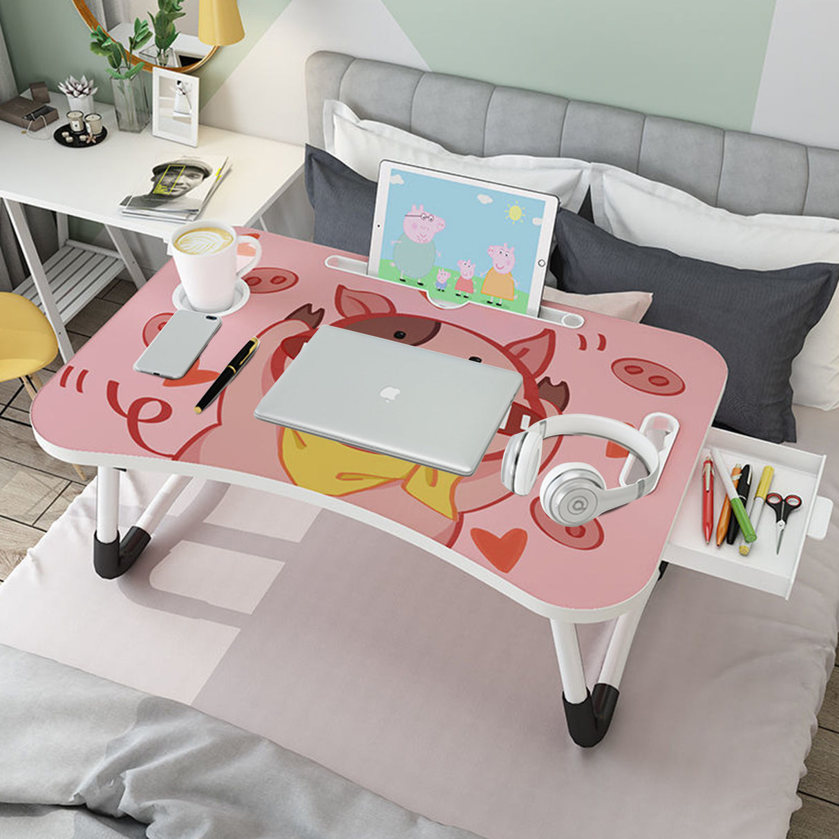 SOGA Cute Pig Design Portable Bed Table Adjustable Foldable Bed Sofa Study Table Laptop Mini Desk with Drawer and Cup Slot Home Decor - Cafe Supply