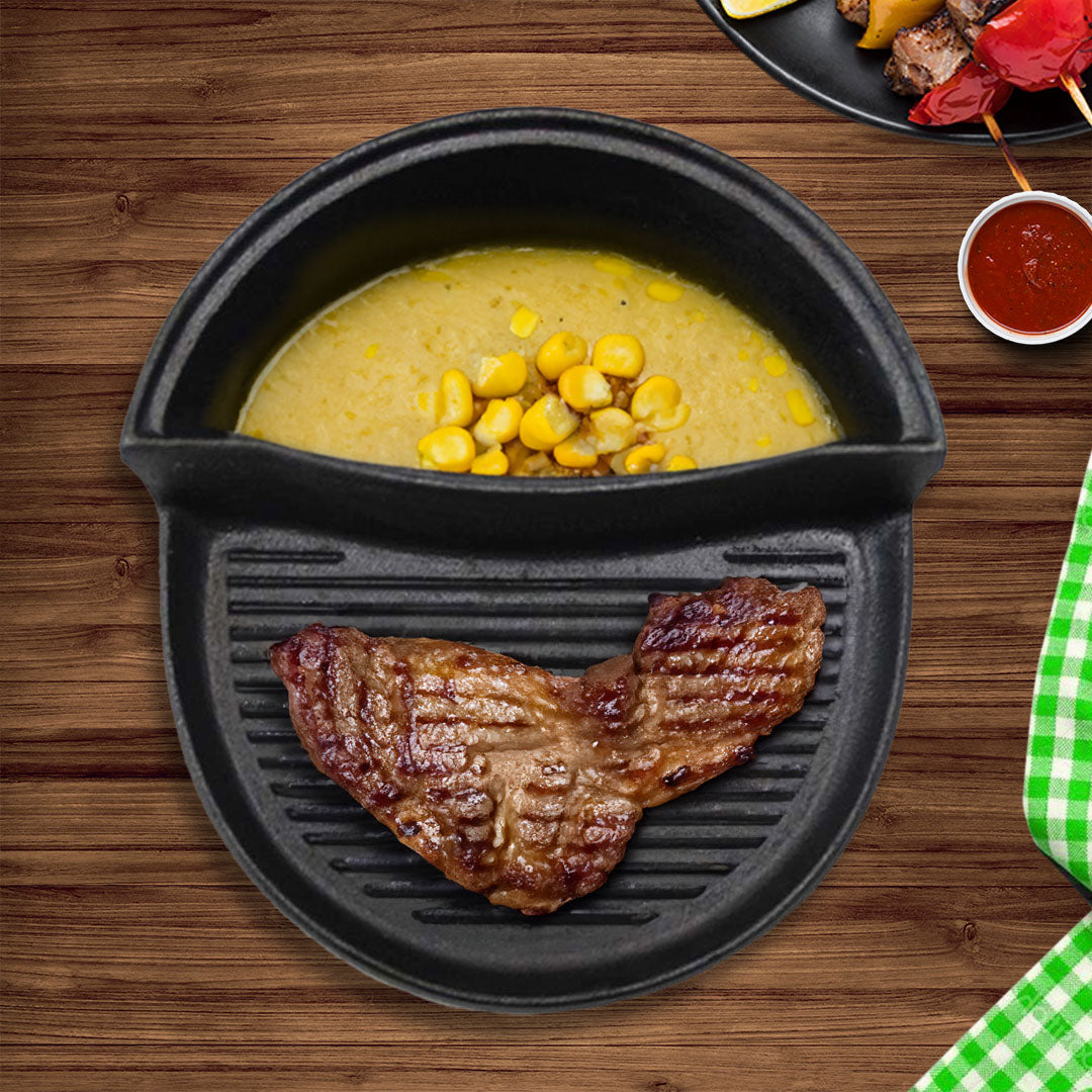 SOGA 2X 2 in 1 Cast Iron Ribbed Fry Pan Skillet Griddle BBQ and Steamboat Hot Pot - Cafe Supply