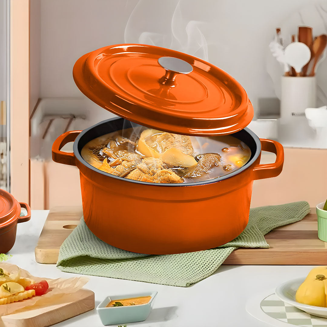SOGA 2X Cast Iron 24cm Enamel Porcelain Stewpot Casserole Stew Cooking Pot With Lid Orange - Cafe Supply