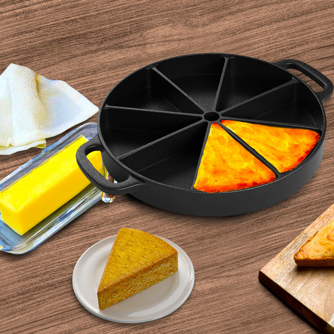 SOGA 21.5CM Round Cast Iron Baking Wedge Pan Cornbread Cake 8-Slice Baking Dish with Handle - Cafe Supply