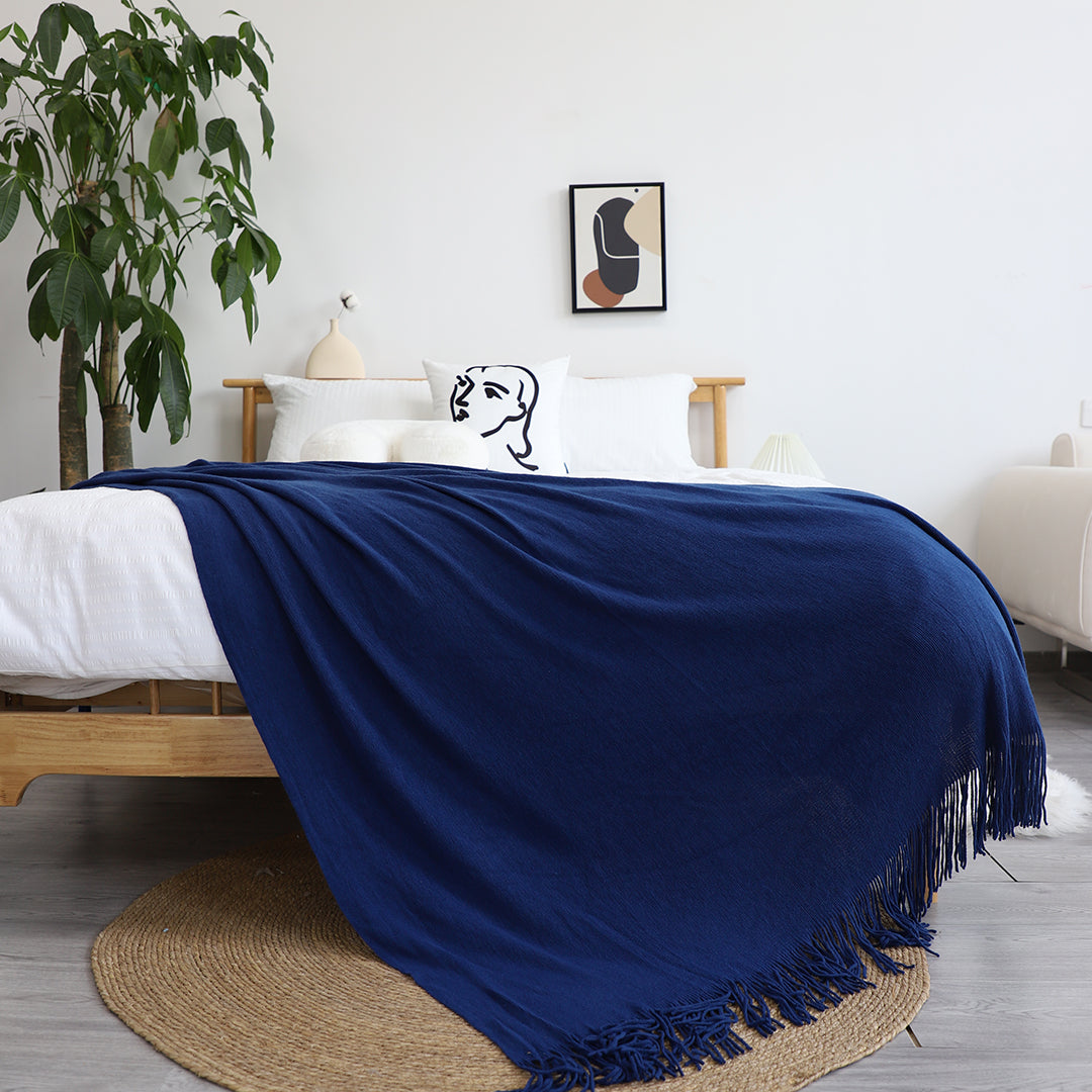 SOGA Royal Blue Acrylic Knitted Throw Blanket Solid Fringed Warm Cozy Woven Cover Couch Bed Sofa Home Decor - Cafe Supply