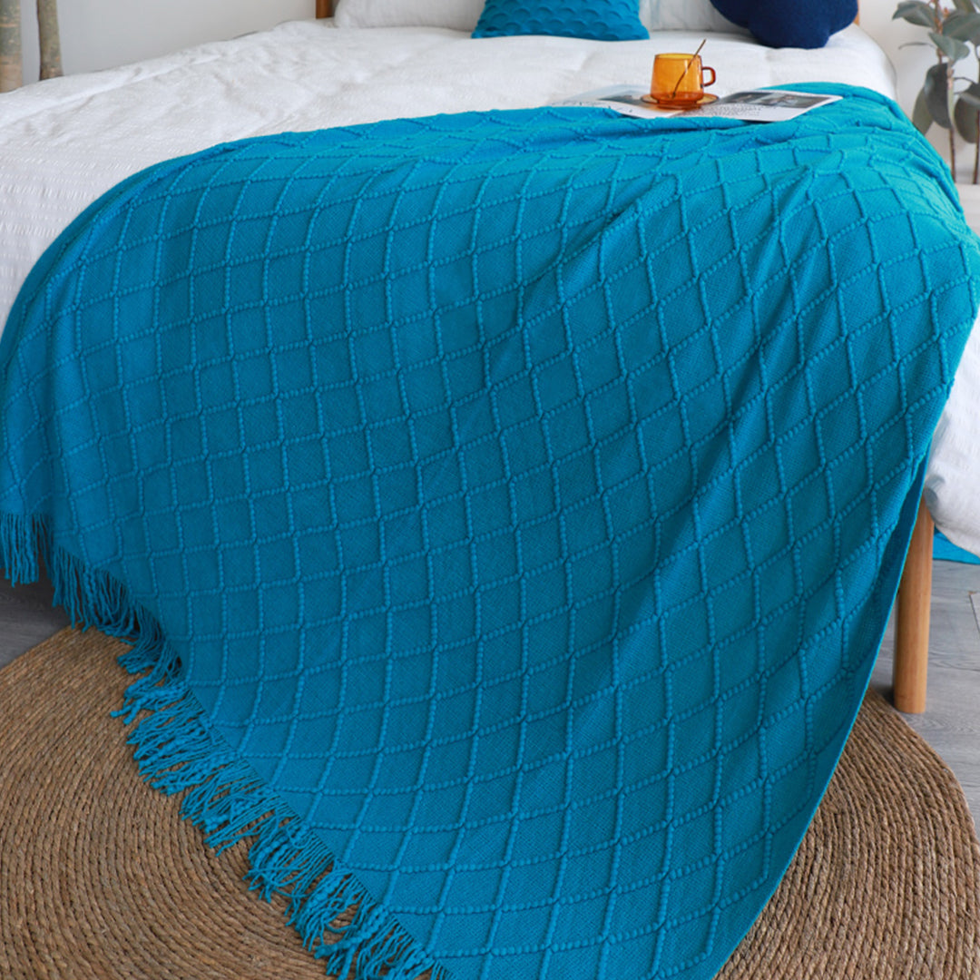 SOGA Blue Diamond Pattern Knitted Throw Blanket Warm Cozy Woven Cover Couch Bed Sofa Home Decor with Tassels - Cafe Supply