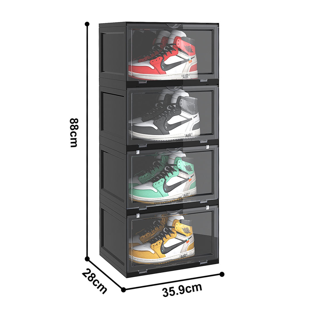 SOGA 4 Tier Black Portable Shoe Organiser Sneaker Footwear Folding Plastic Bin Stackable Storage Box with Magnetic Door - Cafe Supply