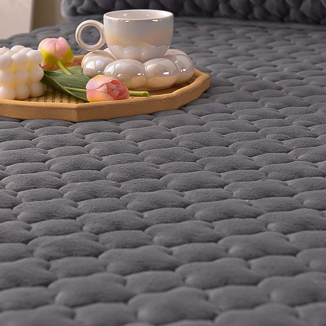 SOGA 2X Grey 183cm Wide Mattress Cover Thick Quilted Fleece Stretchable Clover Design Bed Spread Sheet Protector with Pillow Covers - Cafe Supply