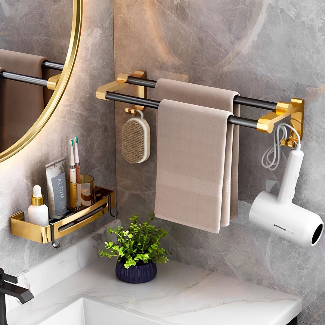 SOGA 61cm Wall-Mounted Double Pole Towel Holder Bathroom Organiser Rail Hanger with Hooks - Cafe Supply