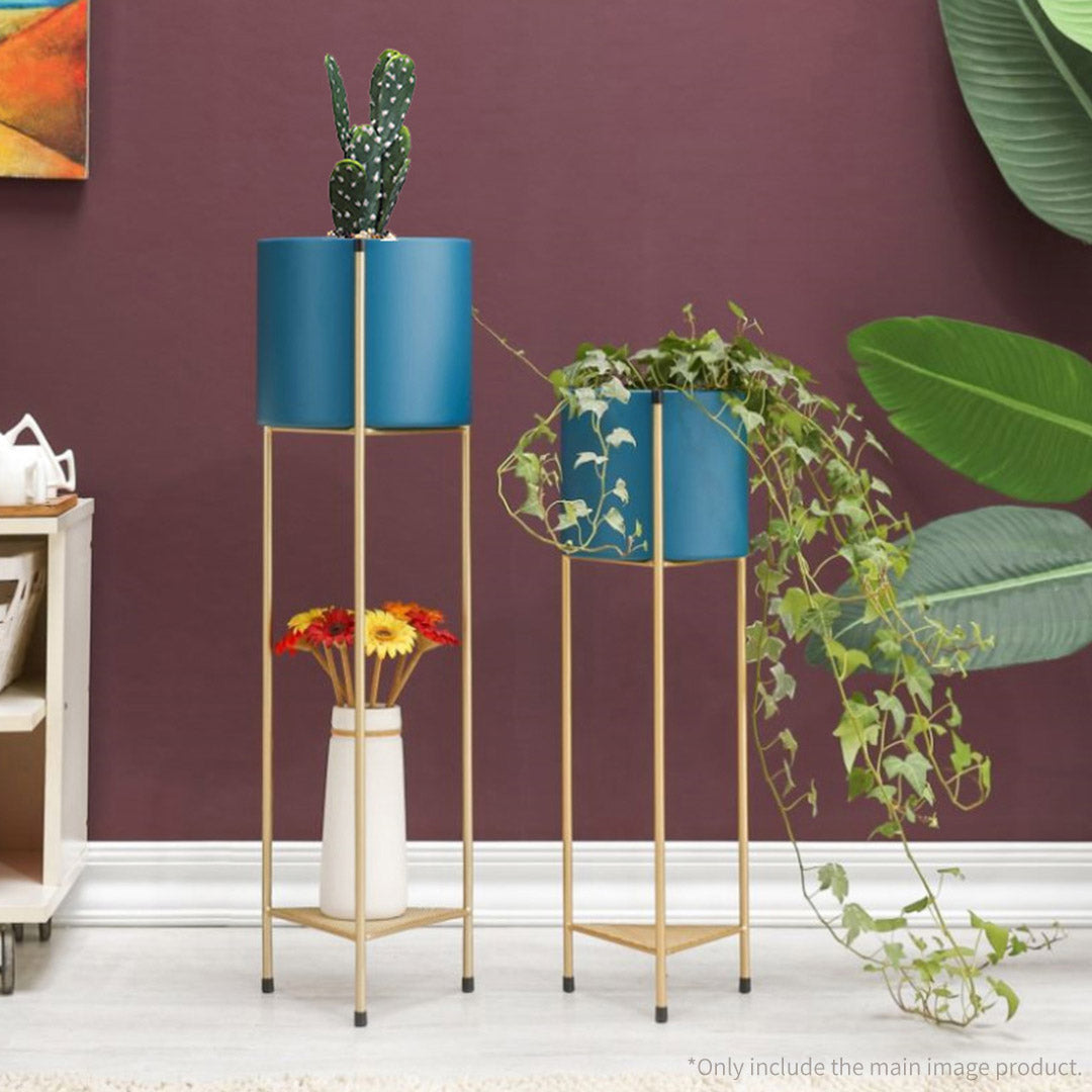SOGA 2X 2 Layer 81cm Gold Metal Plant Stand with Blue Flower Pot Holder Corner Shelving Rack Indoor Display - Cafe Supply