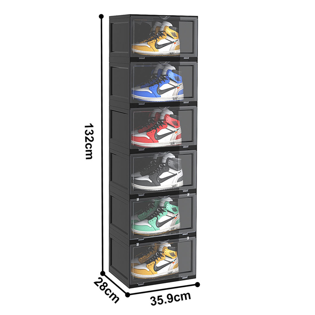 SOGA 2X 6 Tier Black Portable Shoe Organiser Sneaker Footwear Folding Plastic Bin Stackable Storage Box with Magnetic Door - Cafe Supply
