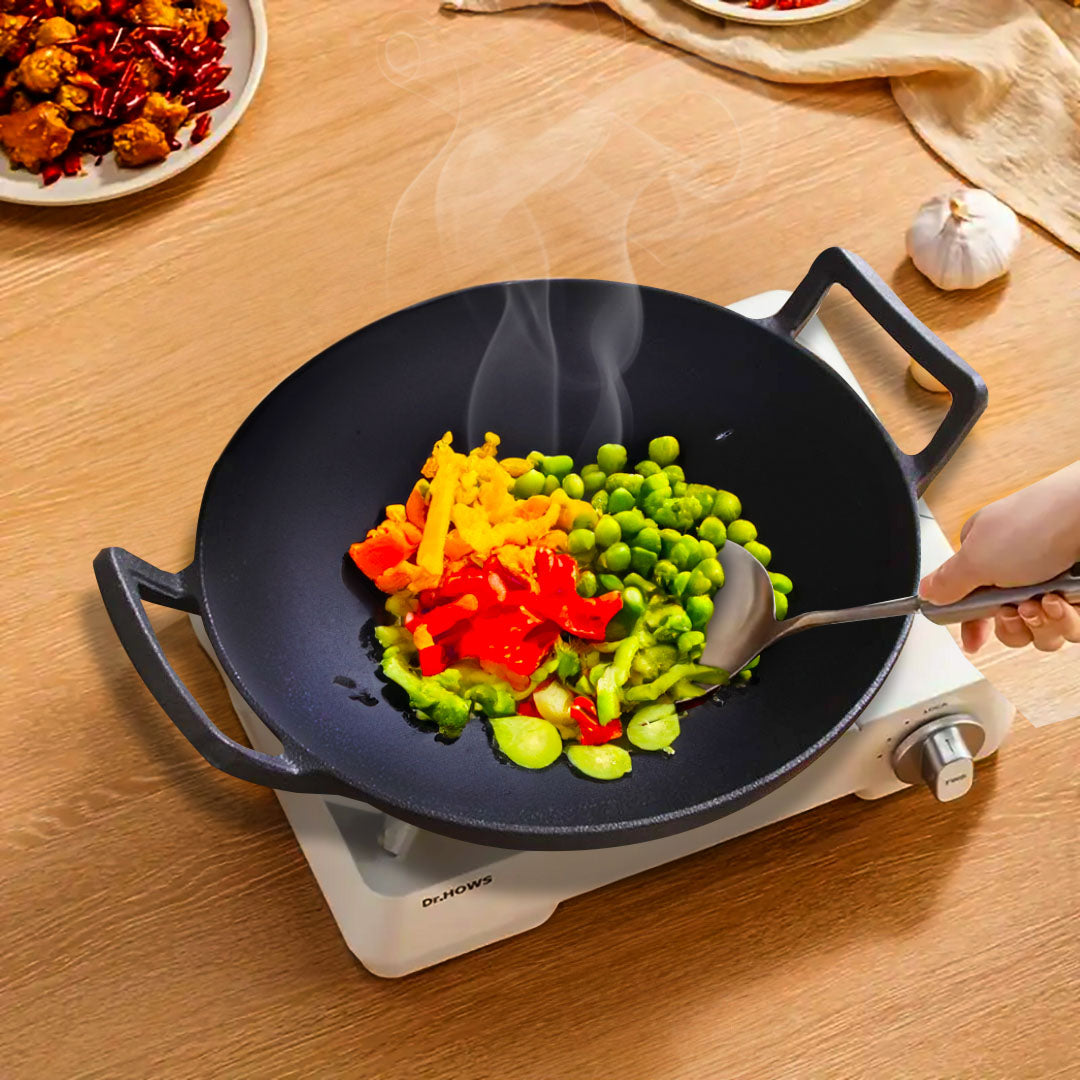 SOGA 2X 32cm Commercial Cast Iron Wok FryPan Fry Pan with Double Handle - Cafe Supply