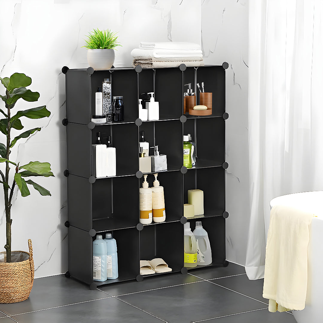 SOGA 4 Tier 12-Cube Black Portable Wardrobe Divide-Grid Modular Storage Organiser Foldable Closet - Cafe Supply
