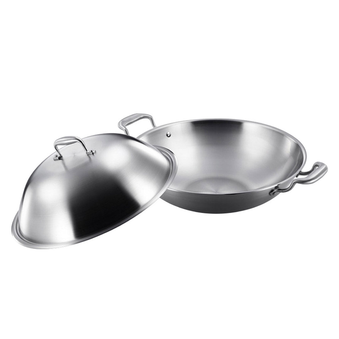 SOGA 2X 3-Ply 42cm Stainless Steel Double Handle Wok Frying Fry Pan Skillet with Lid - Cafe Supply