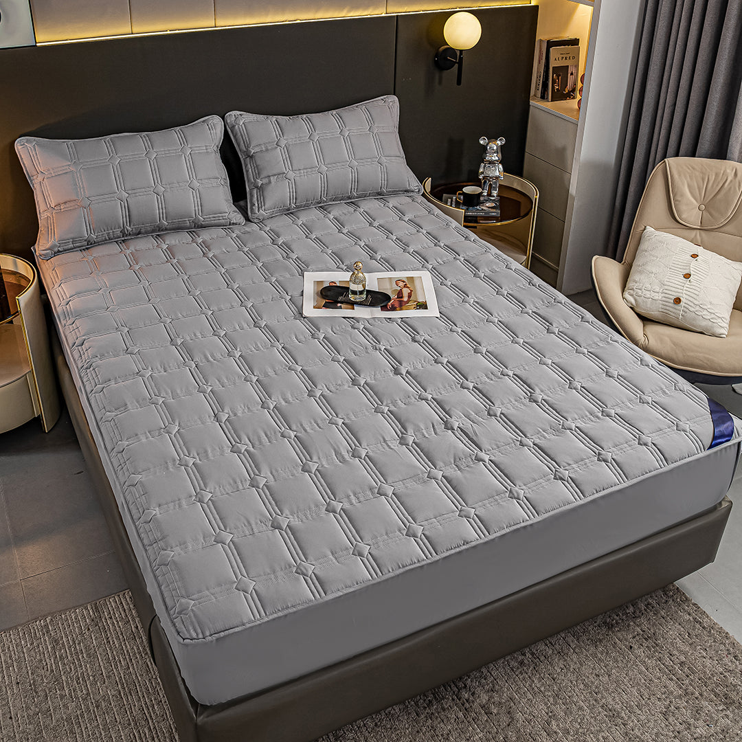SOGA Grey 153cm Wide Mattress Cover Thick Quilted Stretchable Bed Spread Sheet Protector with Pillow Covers - Cafe Supply