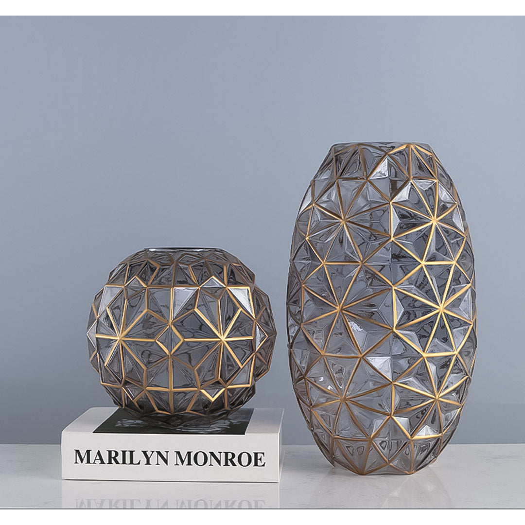 SOGA 2X Grey Colored Diamond Cut Glass Flower Vase Round Jar Home Decor with Gold Accent Large and Medium Set - Cafe Supply