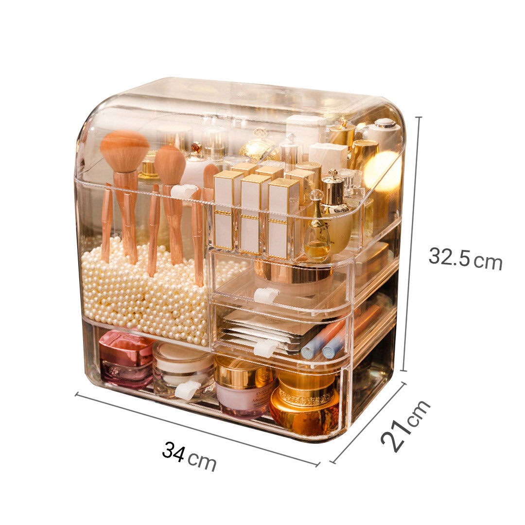 SOGA 2X Transparent Cosmetic Storage Box Clear Makeup Skincare Holder with Lid Drawers Waterproof Dustproof Organiser with Pearls - Cafe Supply