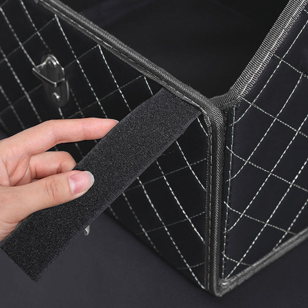 SOGA 2X Leather Car Boot Collapsible Foldable Trunk Cargo Organizer Portable Storage Box Black/White Stitch with Lock Small - Cafe Supply