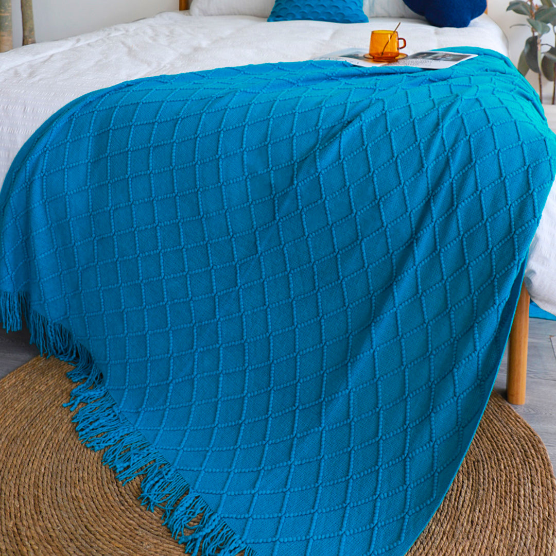 SOGA 2X Blue Diamond Pattern Knitted Throw Blanket Warm Cozy Woven Cover Couch Bed Sofa Home Decor with Tassels - Cafe Supply