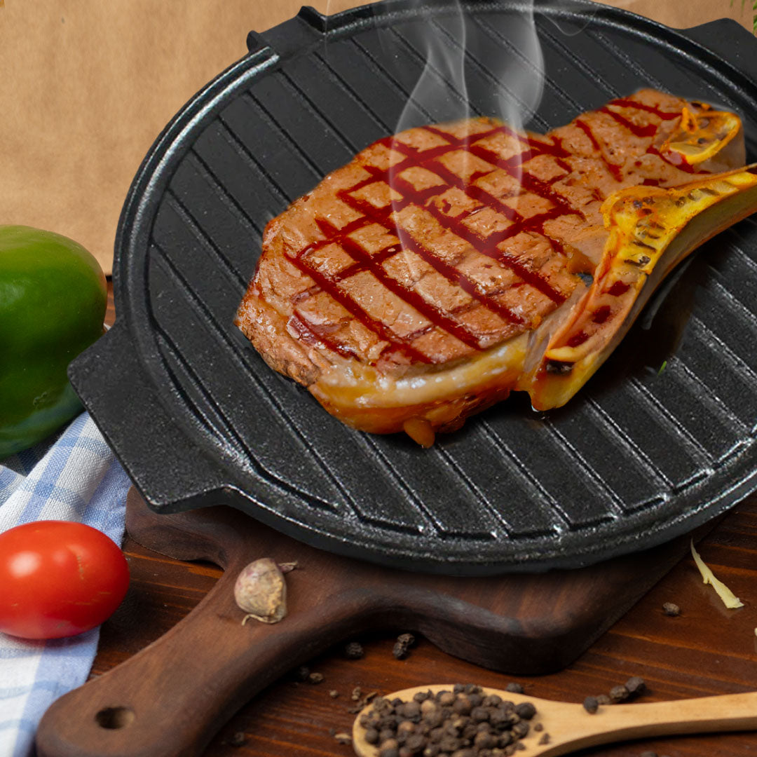 SOGA 2X 30CM Round Cast Iron Korean BBQ Grill Plate with Handles and Drip Lip - Cafe Supply