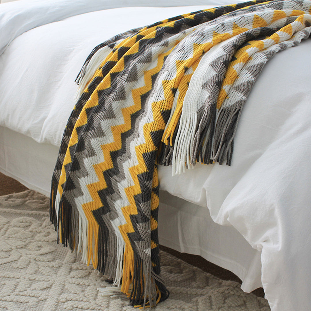 SOGA 220cm Yellow Zigzag Striped Throw Blanket Acrylic Wave Knitted Fringed Woven Cover Couch Bed Sofa Home Decor - Cafe Supply