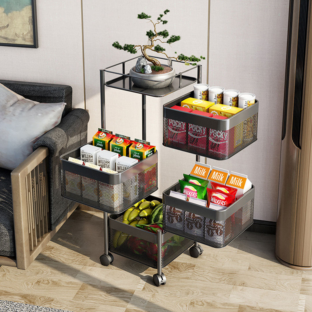 SOGA 4 Tier Steel Square Rotating Kitchen Cart Multi-Functional Shelves Portable Storage Organizer with Wheels - Cafe Supply