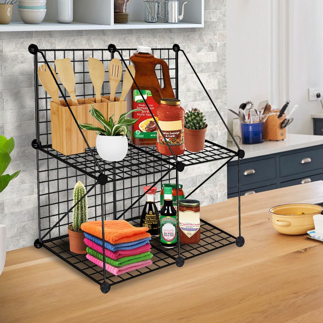 SOGA Black Portable 4-Cube 2 Column Storage Organiser Foldable DIY Modular Grid Space Saving Shelf - Cafe Supply