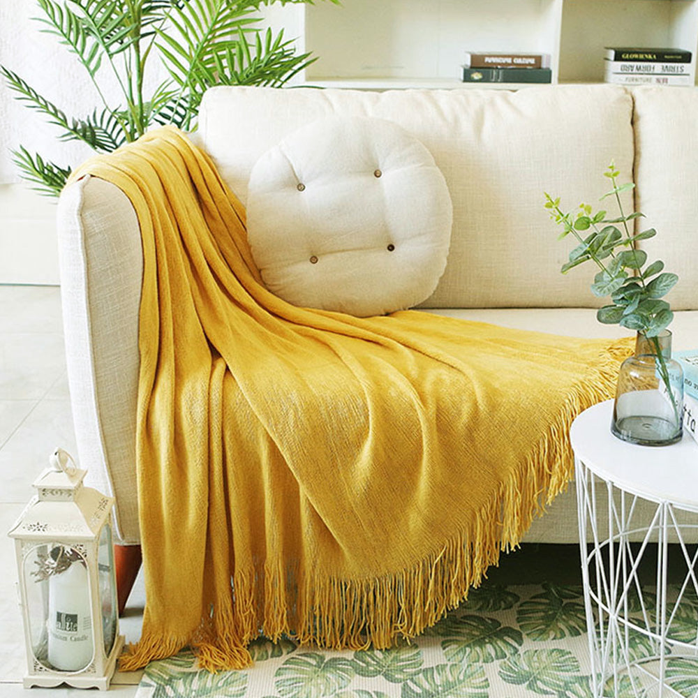 SOGA Yellow Acrylic Knitted Throw Blanket Solid Fringed Warm Cozy Woven Cover Couch Bed Sofa Home Decor - Cafe Supply