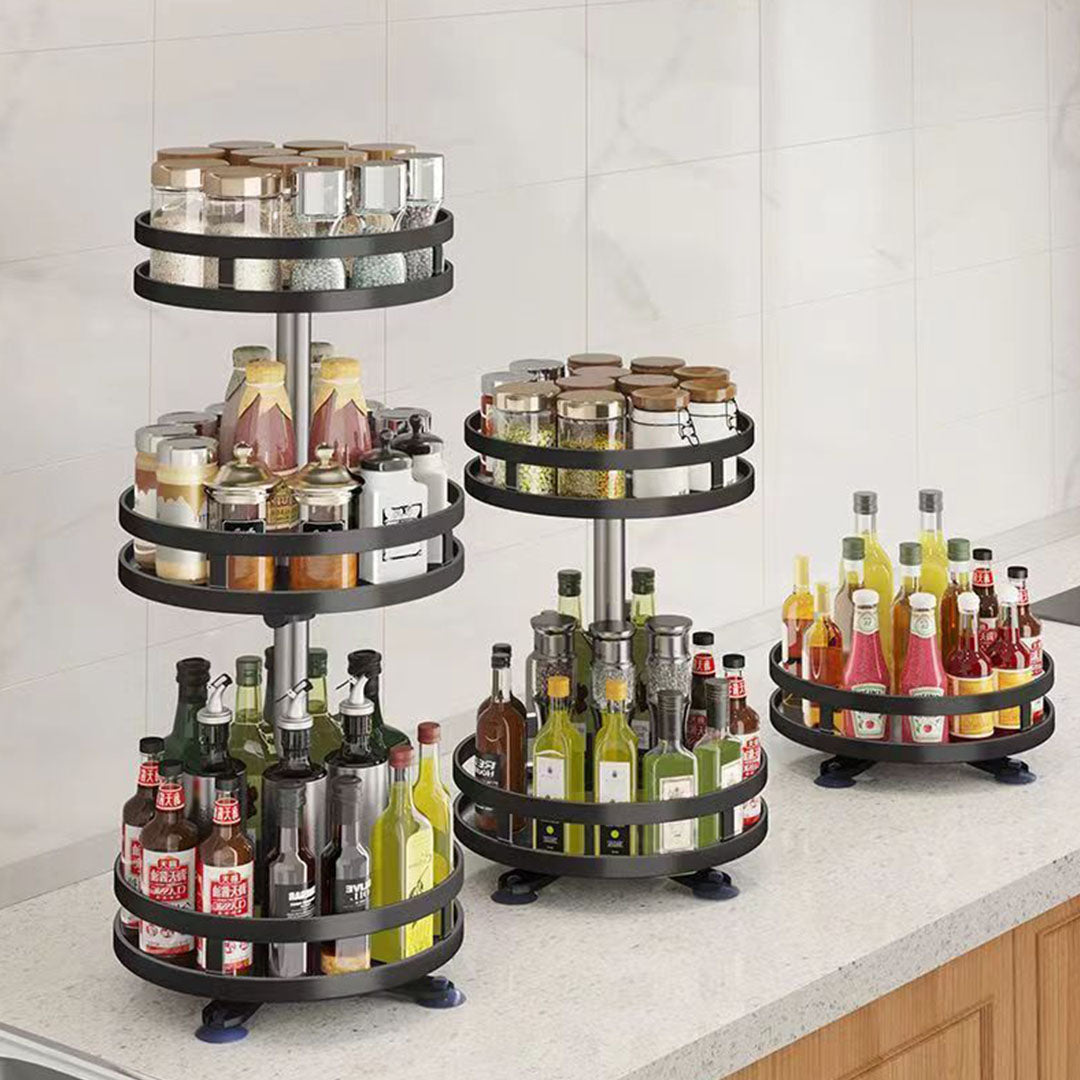 SOGA 2 Tier Steel Black Round Rotating Multi-Function Kitchen Portable Storage Spice Seasoning Kitchen Countertop Organiser Shelf - Cafe Supply