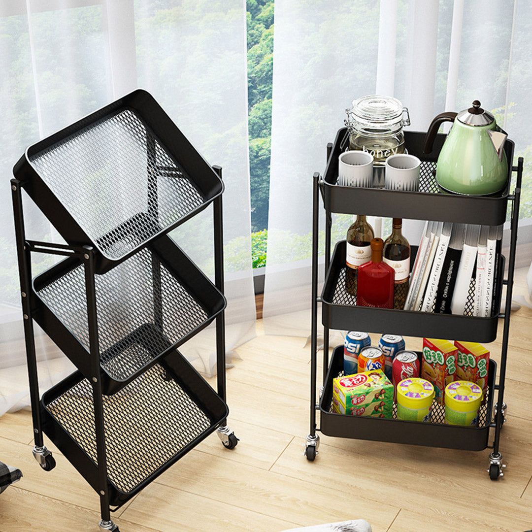 SOGA 2X 3 Tier Steel Black Foldable Kitchen Cart Multi-Functional Shelves Portable Storage Organizer with Wheels - Cafe Supply