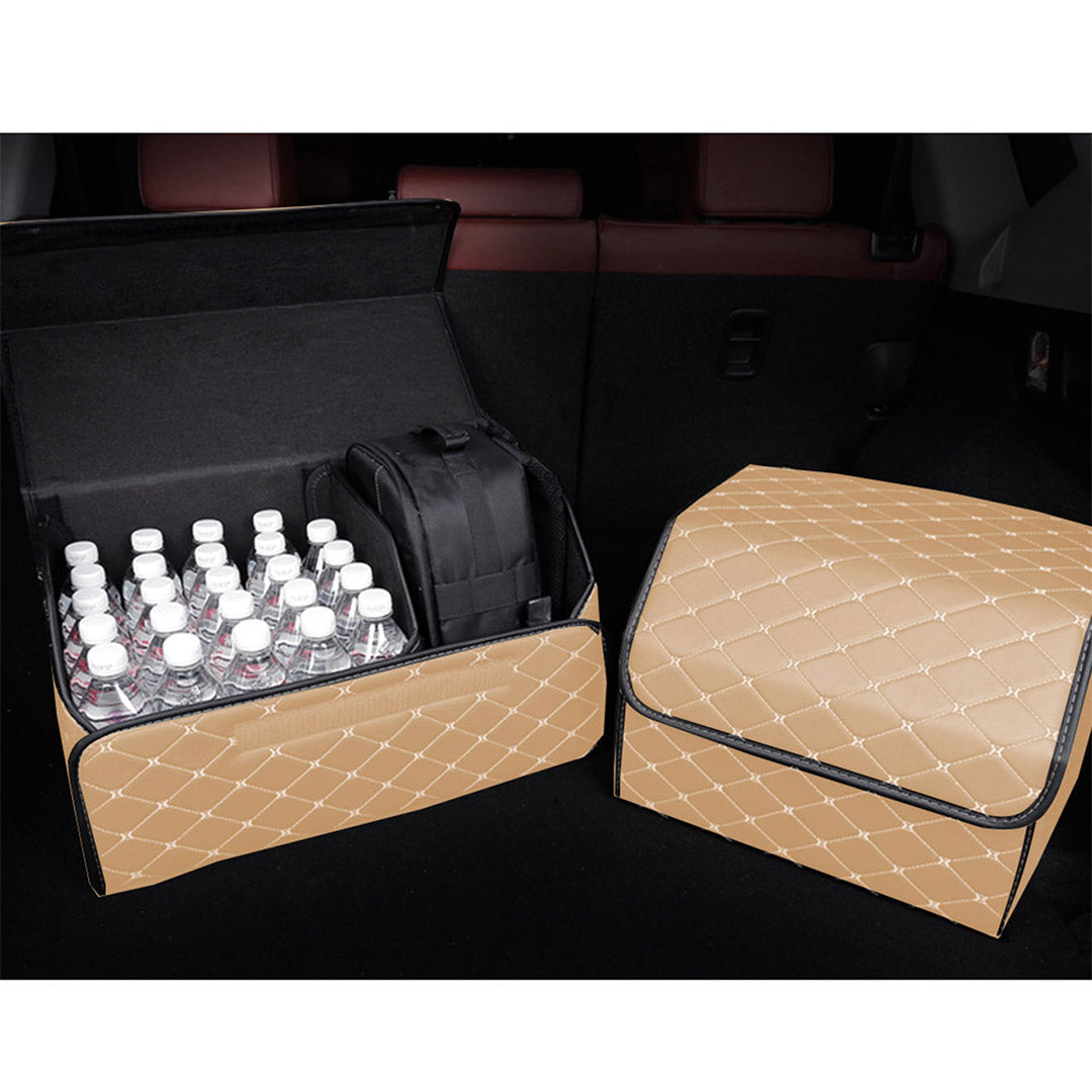 SOGA 2X Leather Car Boot Collapsible Foldable Trunk Cargo Organizer Portable Storage Box Beige/Gold Stitch Large - Cafe Supply